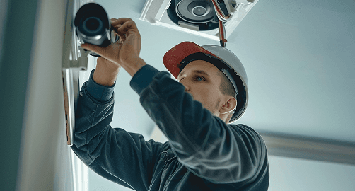 Técnico instalando câmera de segurança